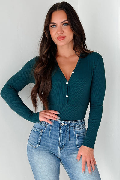 Smile Often Button Front Long Sleeve Bodysuit (Hunter Green) - NanaMacs