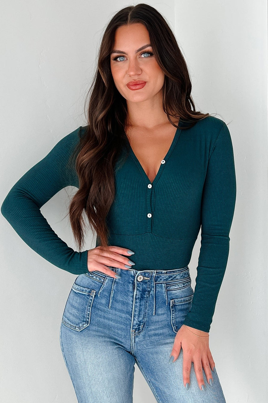 Smile Often Button Front Long Sleeve Bodysuit (Hunter Green) - NanaMacs