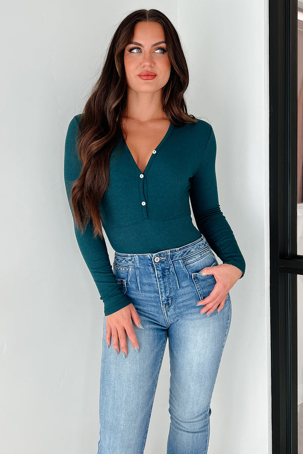 Smile Often Button Front Long Sleeve Bodysuit (Hunter Green) - NanaMacs