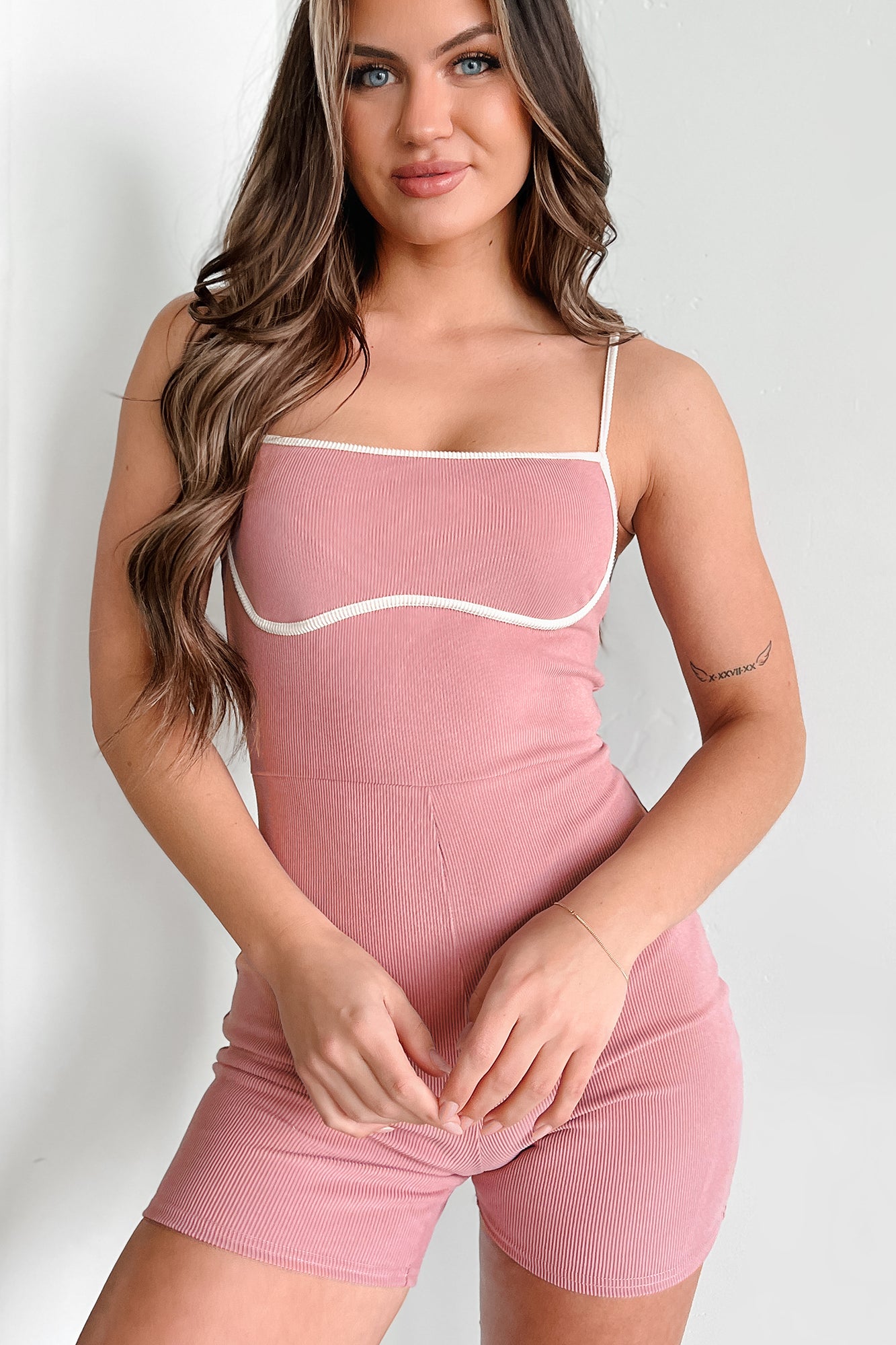 Chic Alternative Ribbed Contrast Seam Romper (Mauve/Cream) - NanaMacs