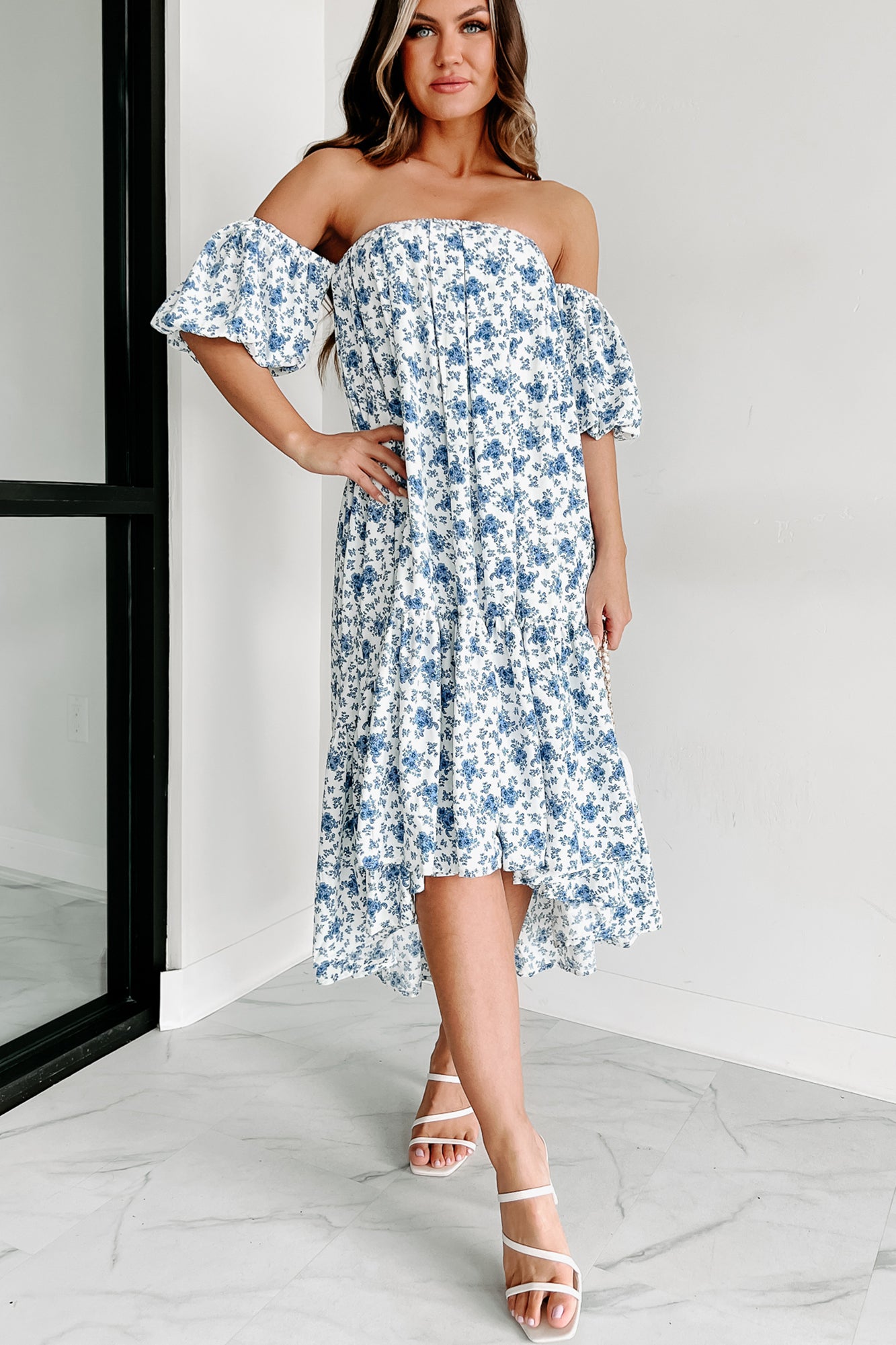 Beautiful Thoughts Floral Off The Shoulder Midi Dress (Blue/White) - NanaMacs