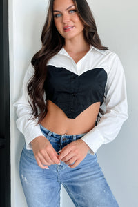 Eclipsing The Heart Colorblock Crop Blouse (White/Black) - NanaMacs