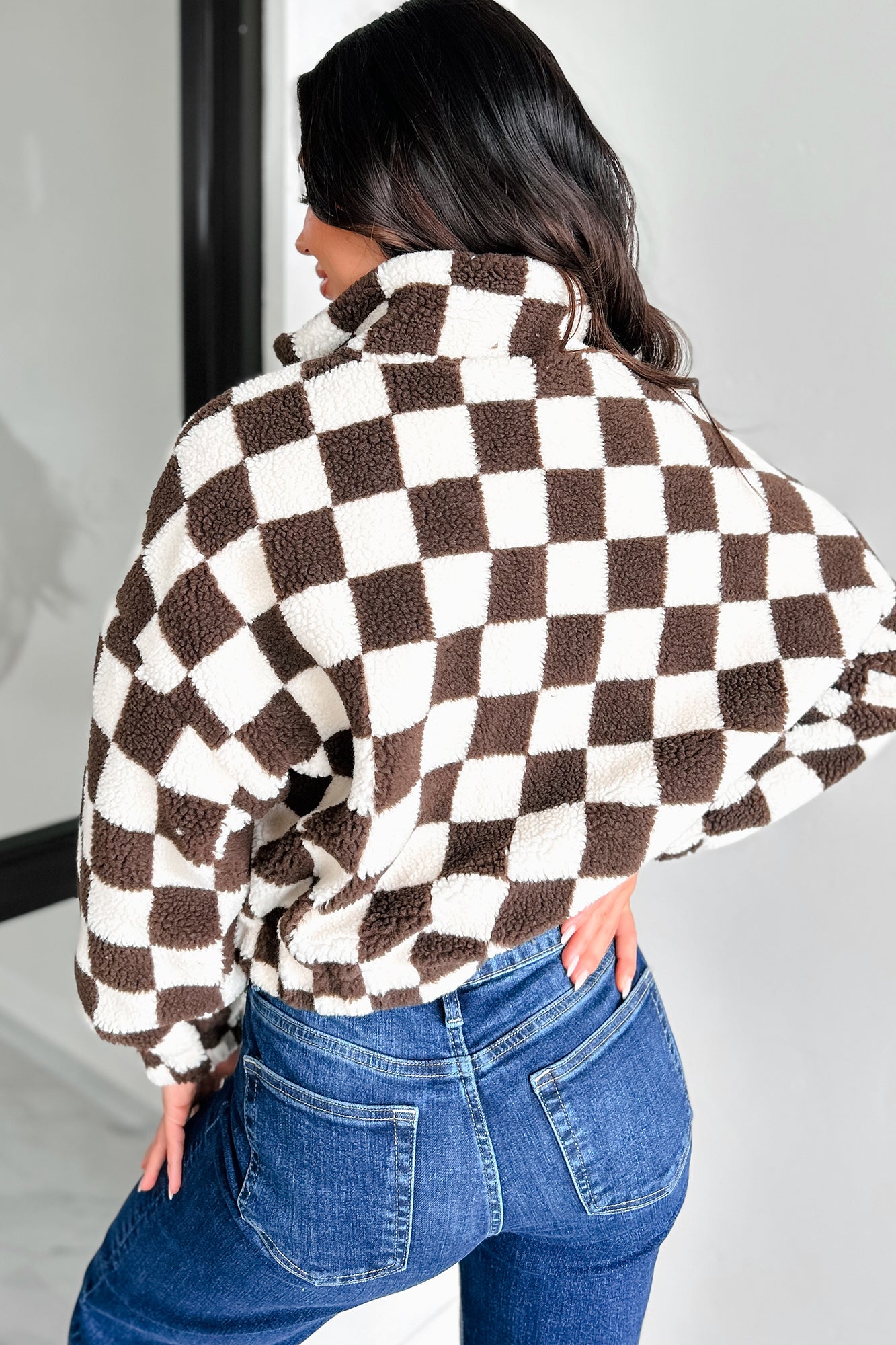 Down For Whatever Checker Print Sherpa Jacket (Brown) - NanaMacs