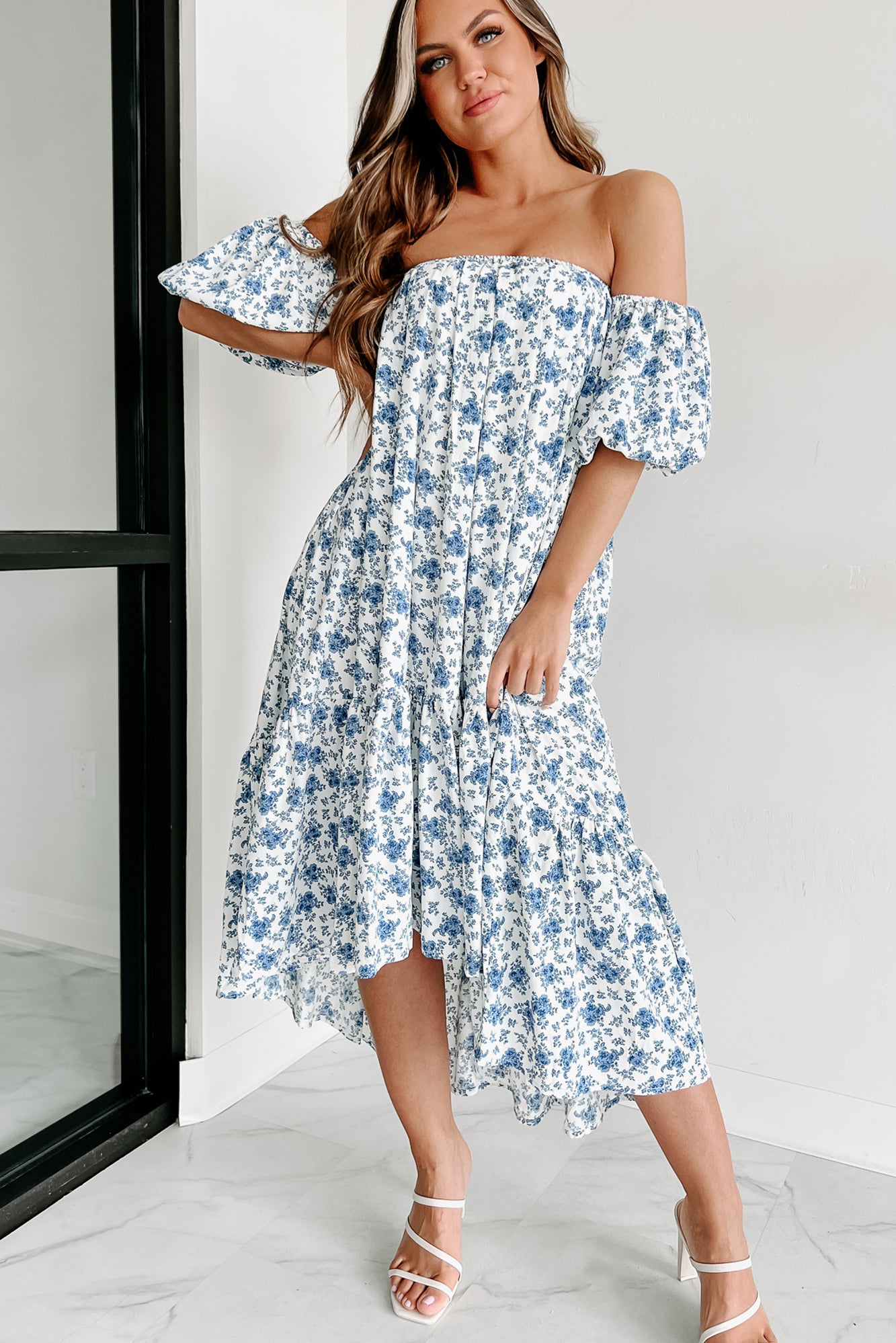 Beautiful Thoughts Floral Off The Shoulder Midi Dress (Blue/White) - NanaMacs
