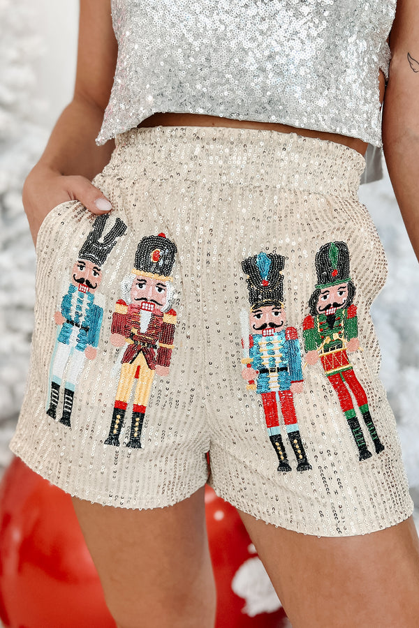 Magic Of The Holidays Sequin Nutcracker Shorts (Beige) - NanaMacs