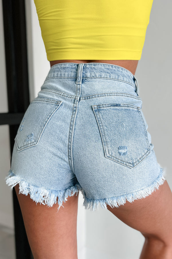 Summertime Feelings Lightly Distressed High Rise Denim Shorts (Light) - NanaMacs