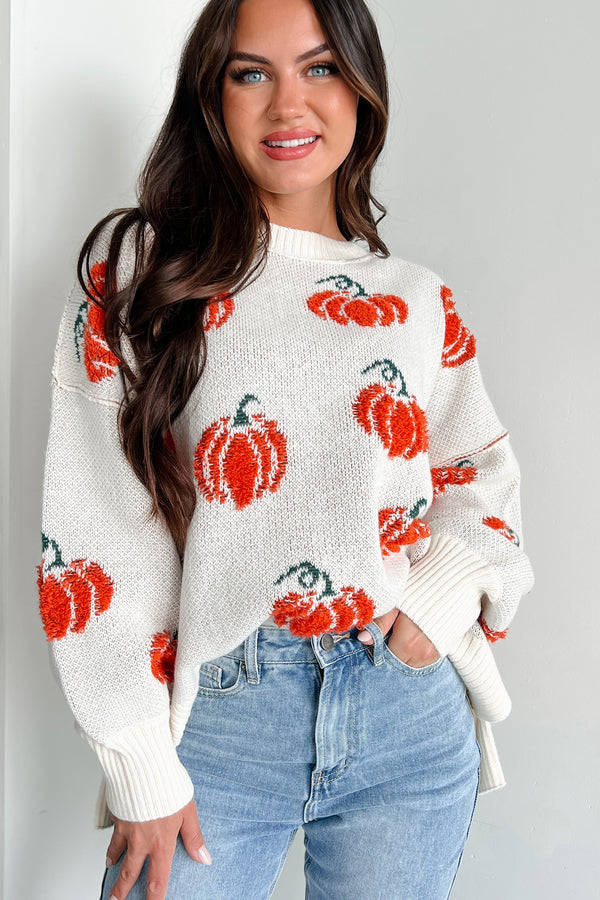 Cute Little Pumpkin Textured Knit Sweater (Cream/Orange) - NanaMacs