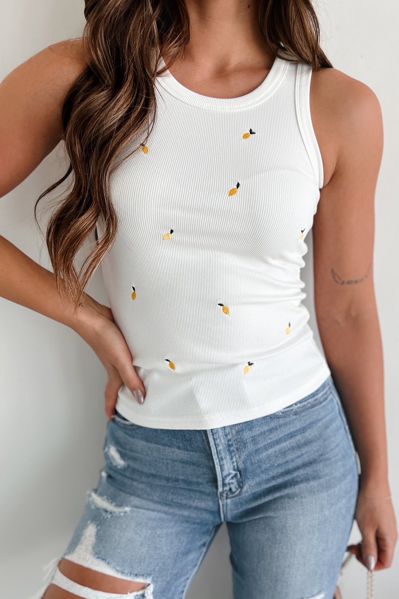 Warmer Days Lemon Embroidered Tank Top (White/Lemon) - NanaMacs