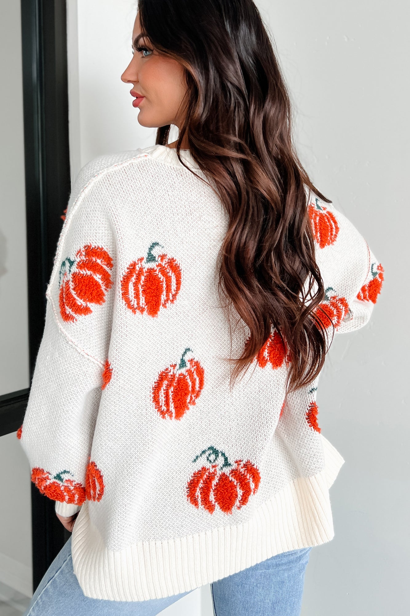 Cute Little Pumpkin Textured Knit Sweater (Cream/Orange) - NanaMacs