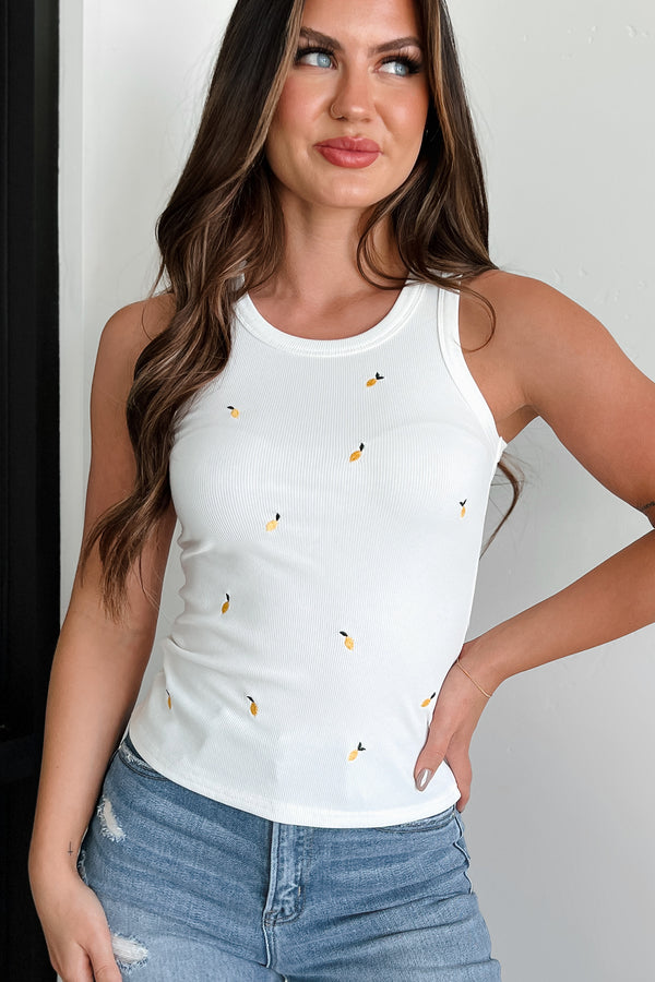 Warmer Days Lemon Embroidered Tank Top (White/Lemon) - NanaMacs