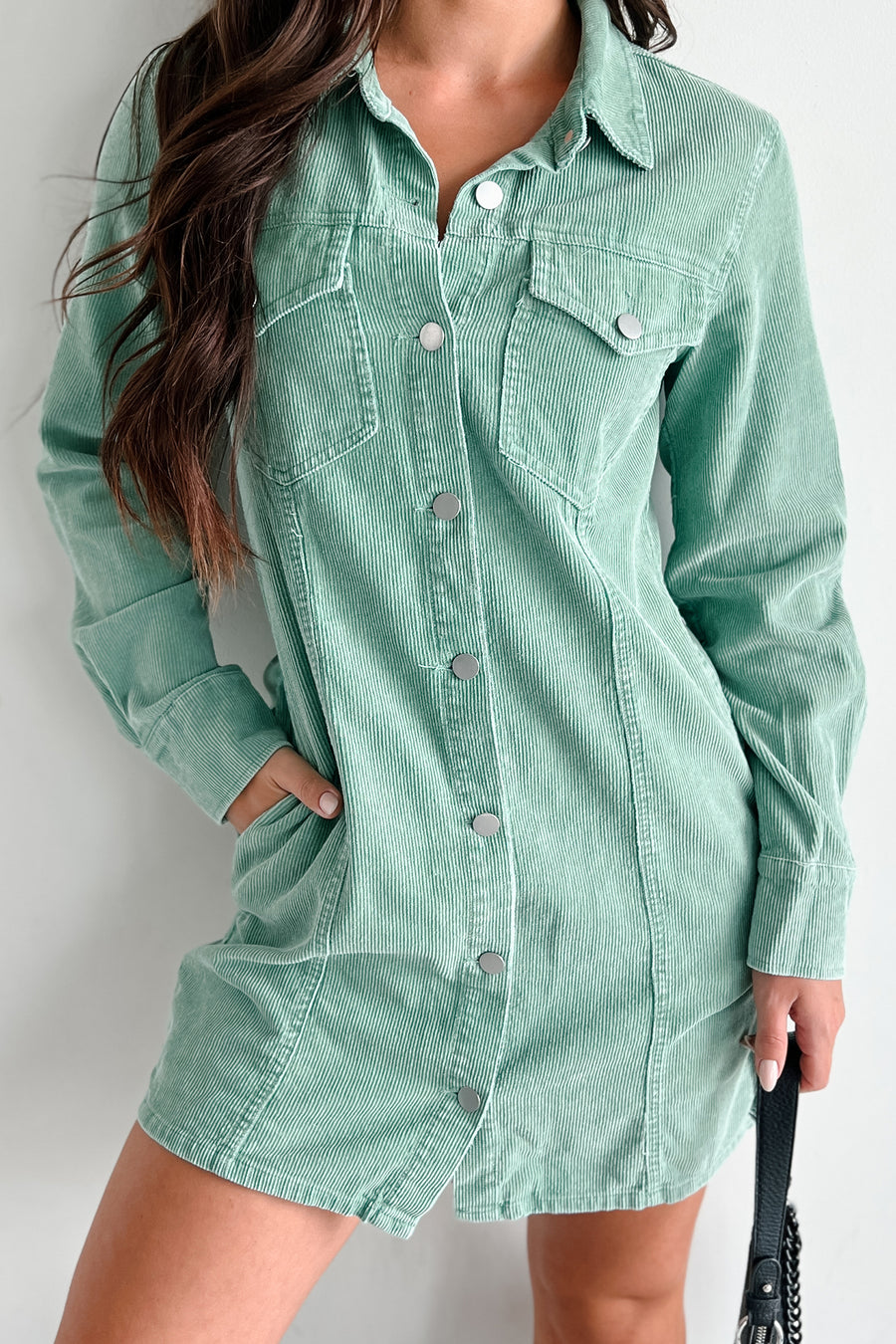 Crossing Your Mind Corduroy Mini Dress (Green)