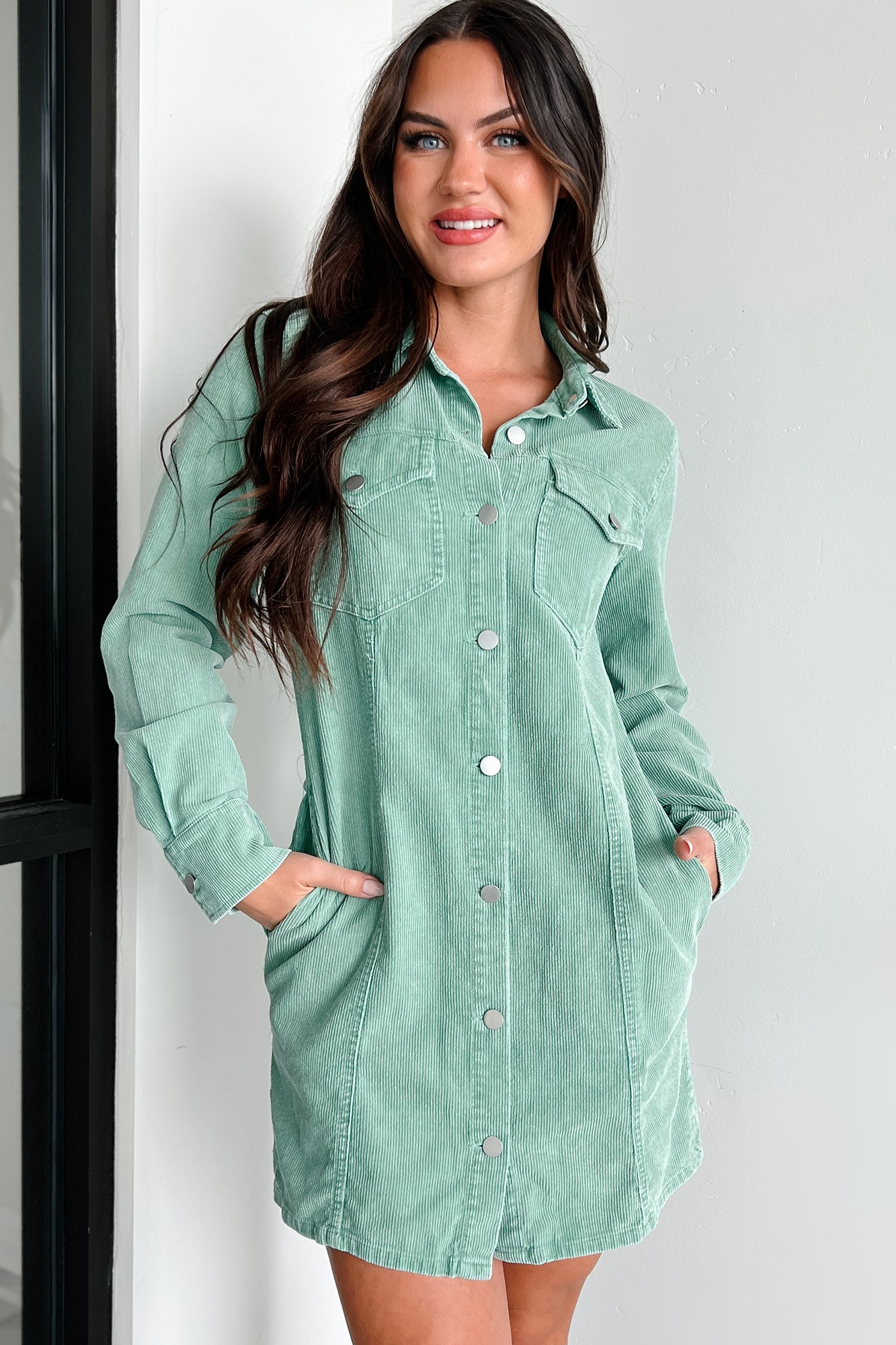 Crossing Your Mind Corduroy Mini Dress (Green)