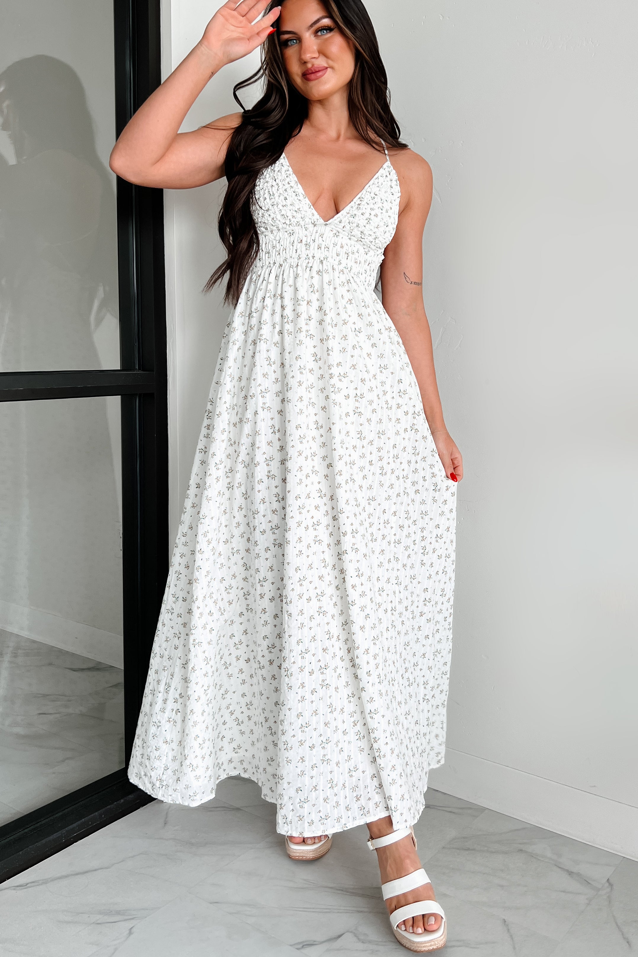 Blissful Blooms Floral Maxi Dress (White/Beige Floral) - NanaMacs