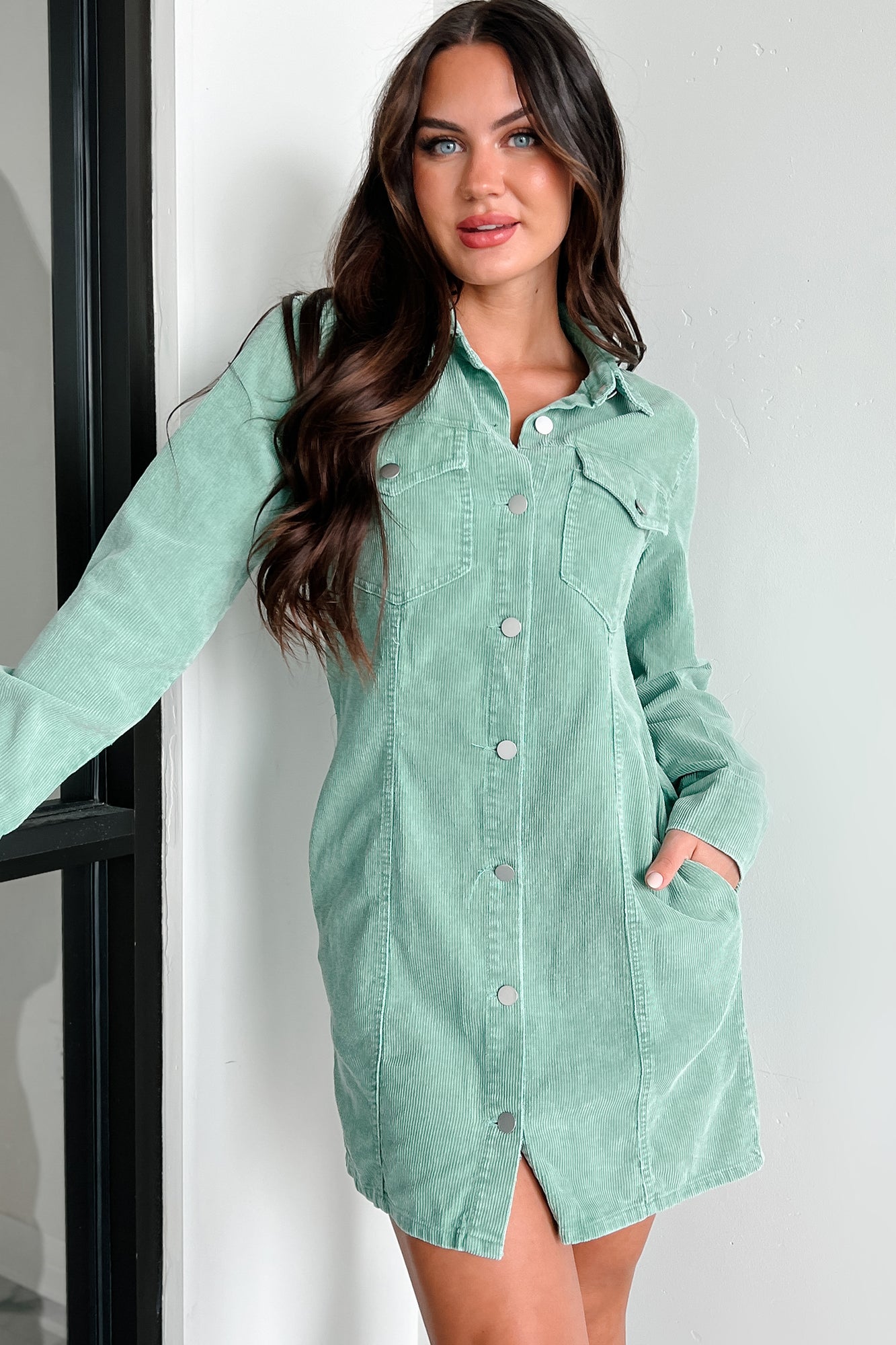 Crossing Your Mind Corduroy Mini Dress (Green)