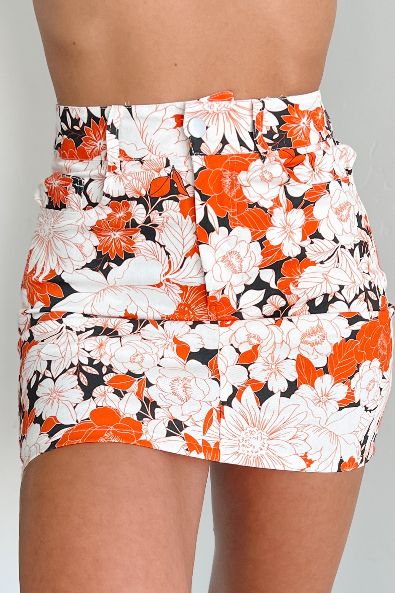 Whimsical Allure Floral Denim Skirt (Orange Multi) - NanaMacs