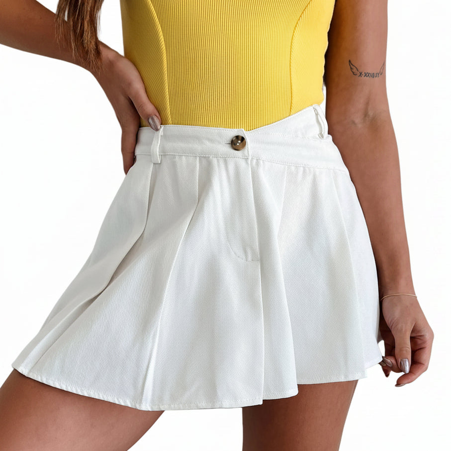 Divine Intuition Pleated Asymmetric Waist Mini Skirt (White) - NanaMacs