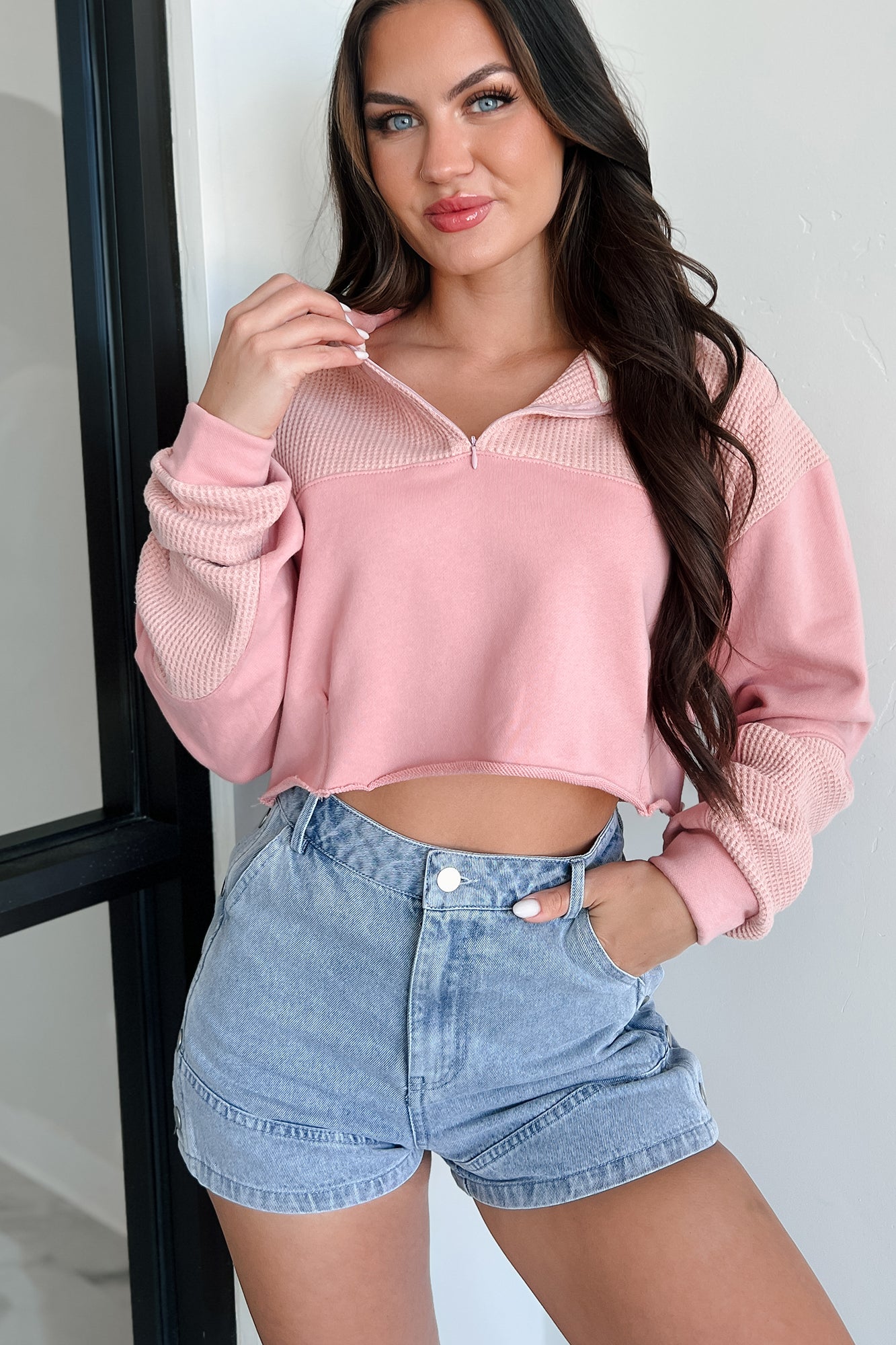 Breezy Days Quarter Zip Cropped POL Top (Rose Quartz) - NanaMacs