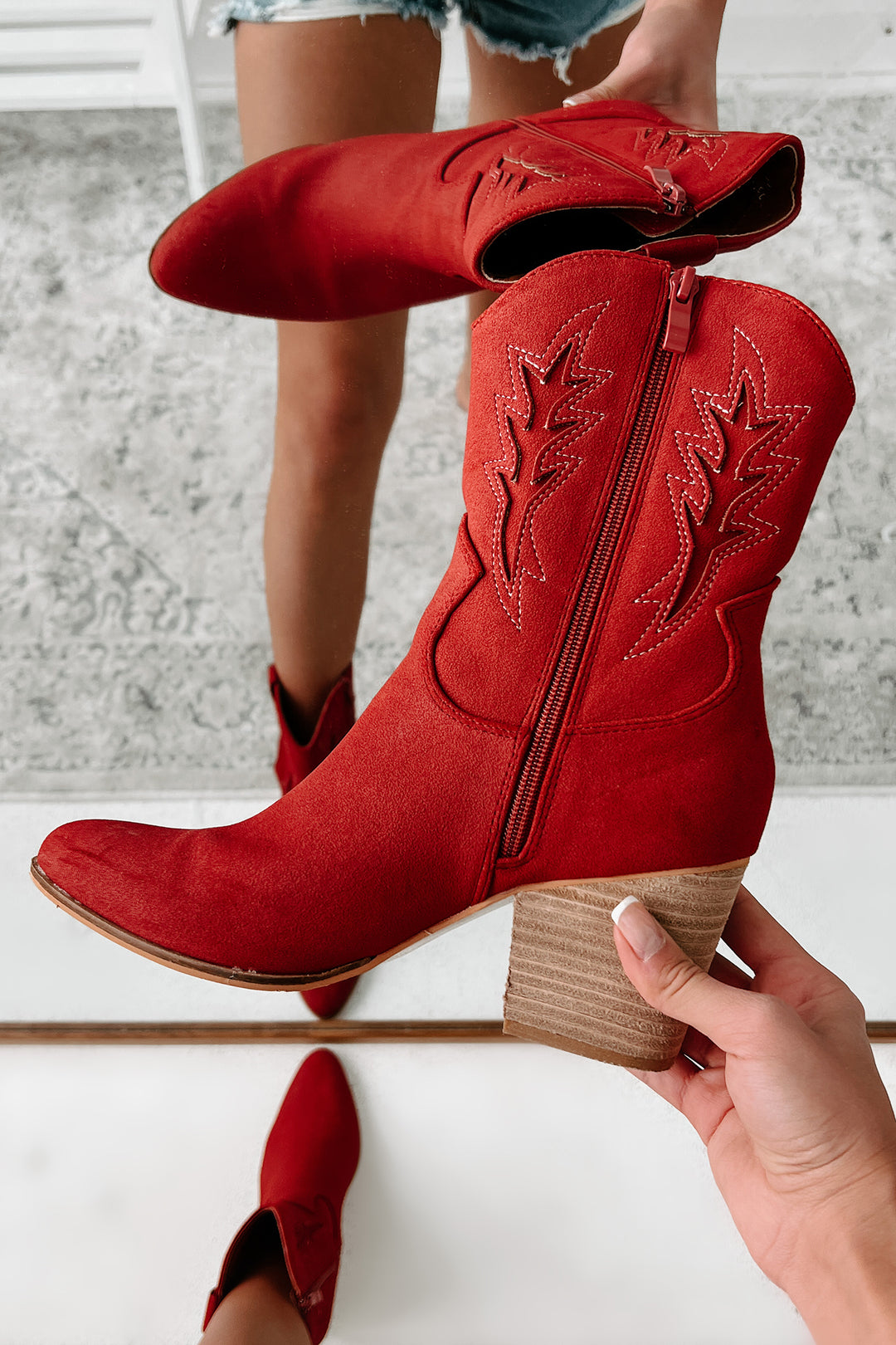 Don't Want Any Trouble Mid-Calf Western Booties (Vintage Red) - NanaMacs