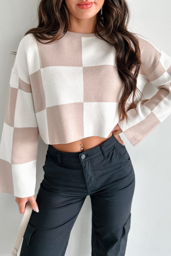 Pascha Sweater Knit Checkered Top (Taupe) - NanaMacs