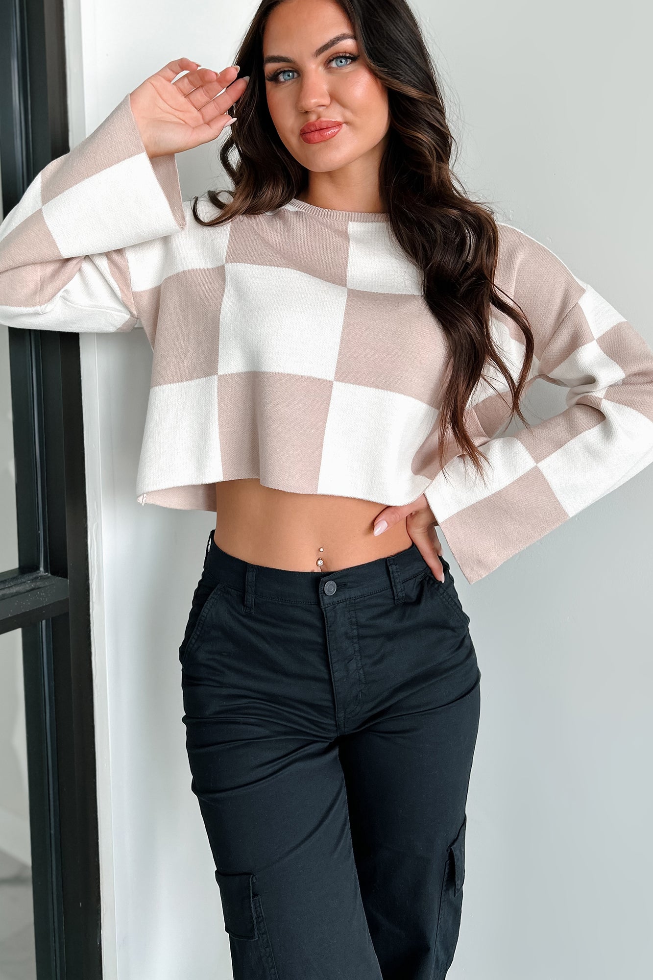 Pascha Sweater Knit Checkered Top (Taupe) - NanaMacs