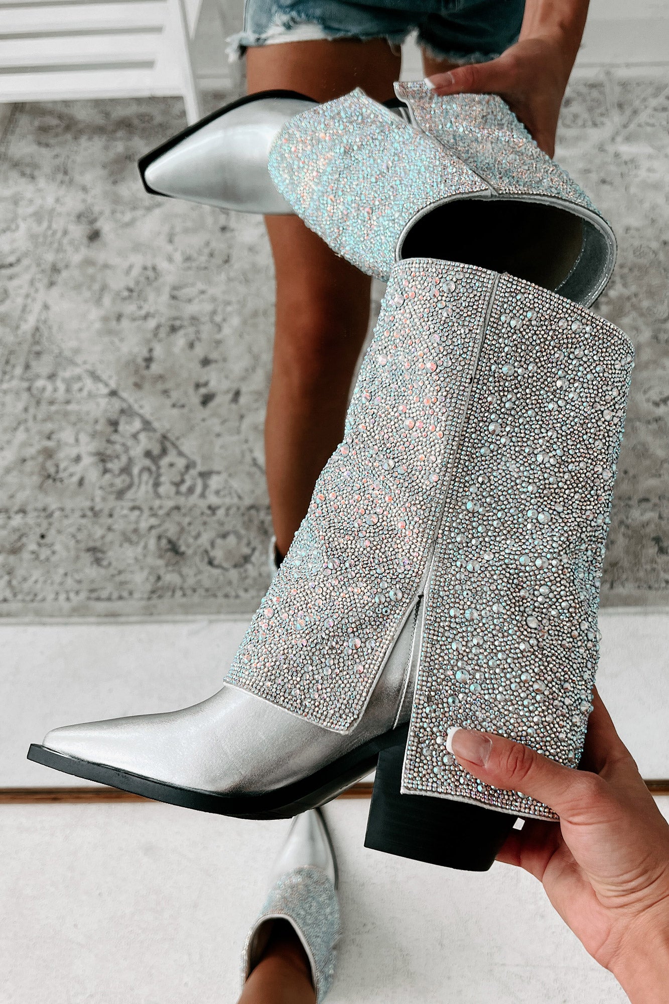 Annabelle Rhinestone Fold-Over Boots (Silver Metallic) · NanaMacs