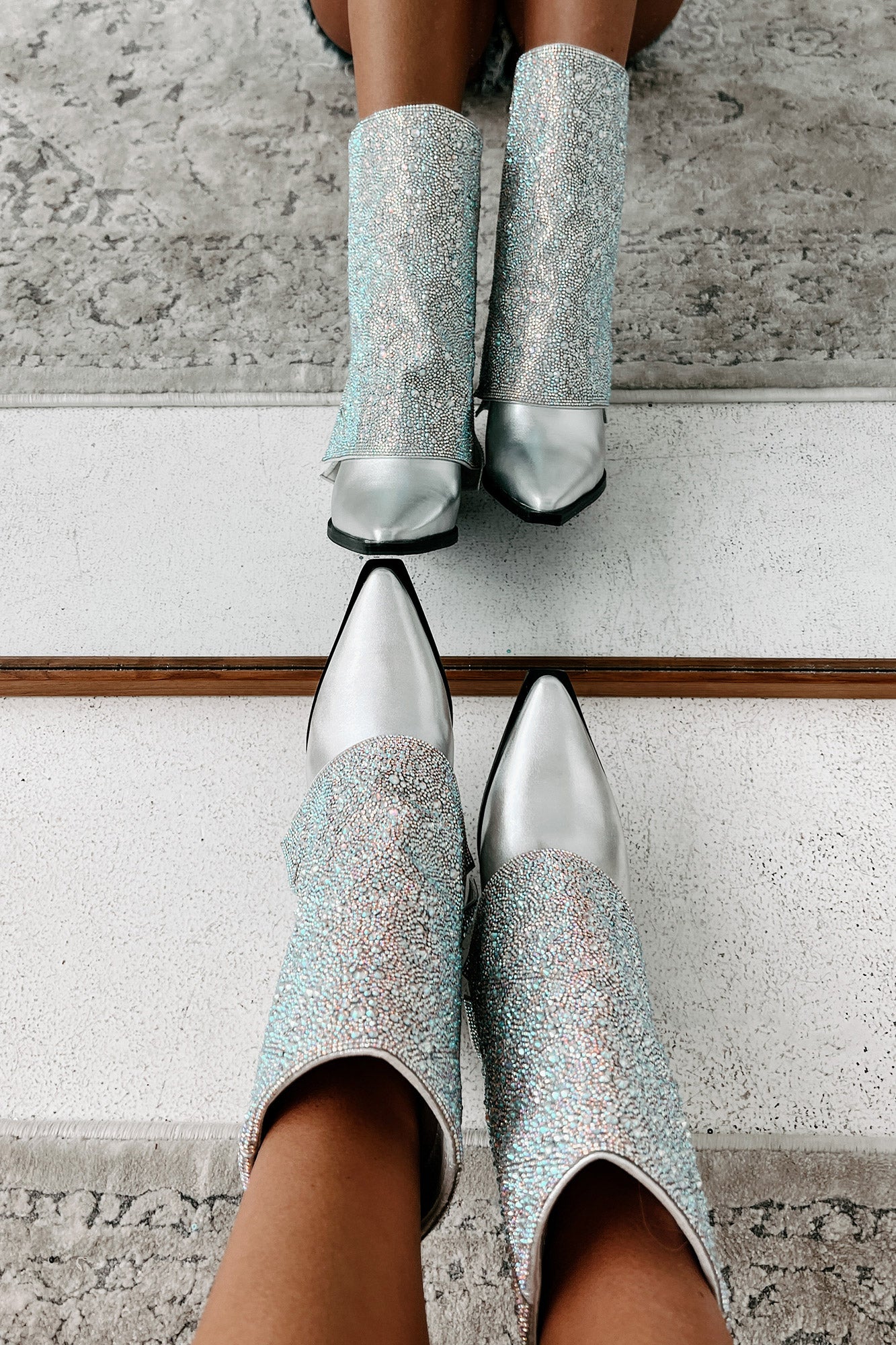 Annabelle Rhinestone Fold-Over Boots (Silver Metallic) - NanaMacs