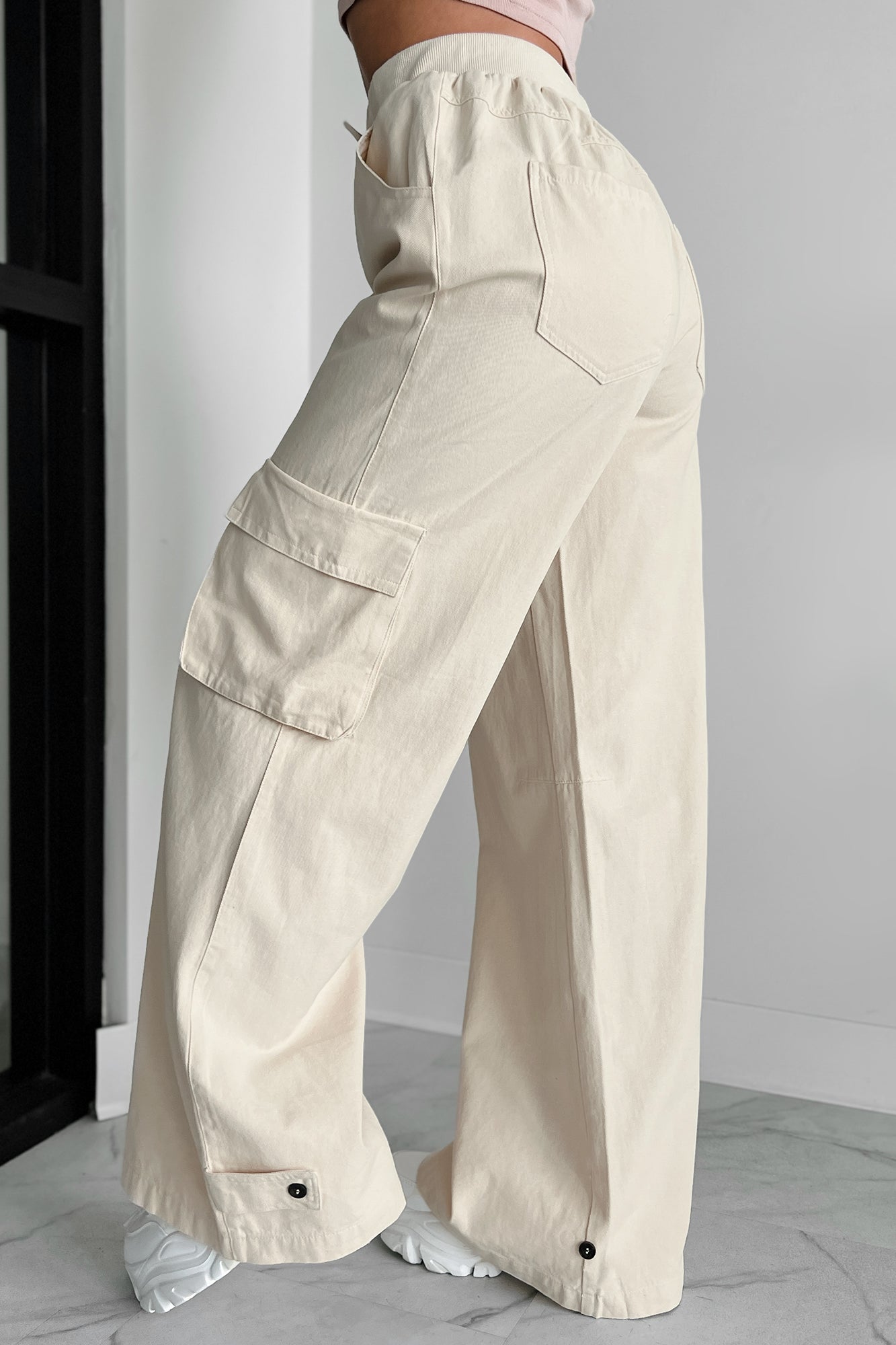 Time Catches Up Wide Leg Cargo Pants (Beige) - NanaMacs