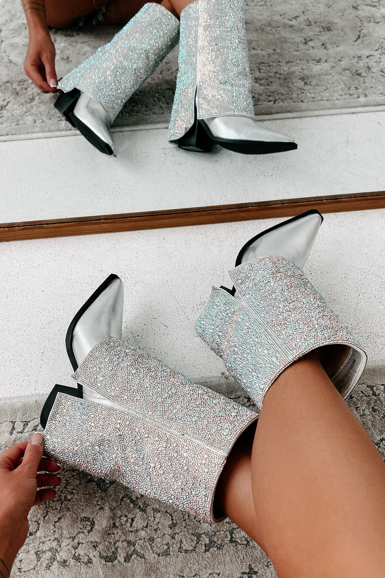Annabelle Rhinestone Fold-Over Boots (Silver Metallic) - NanaMacs
