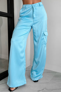 Clearing The Air Wide Leg Satin Cargo Pants (Light Aqua) - NanaMacs