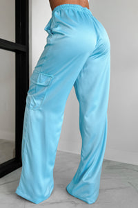 Clearing The Air Wide Leg Satin Cargo Pants (Light Aqua) - NanaMacs