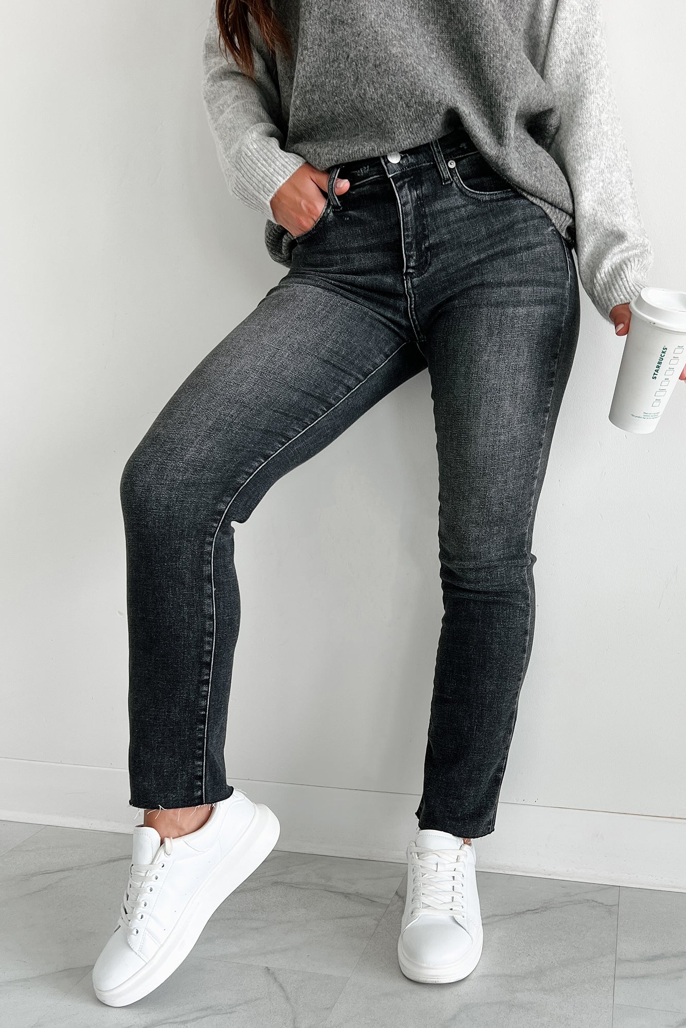 Anneith High Rise Sneak Peek Straight Leg Jeans (Grey) - NanaMacs