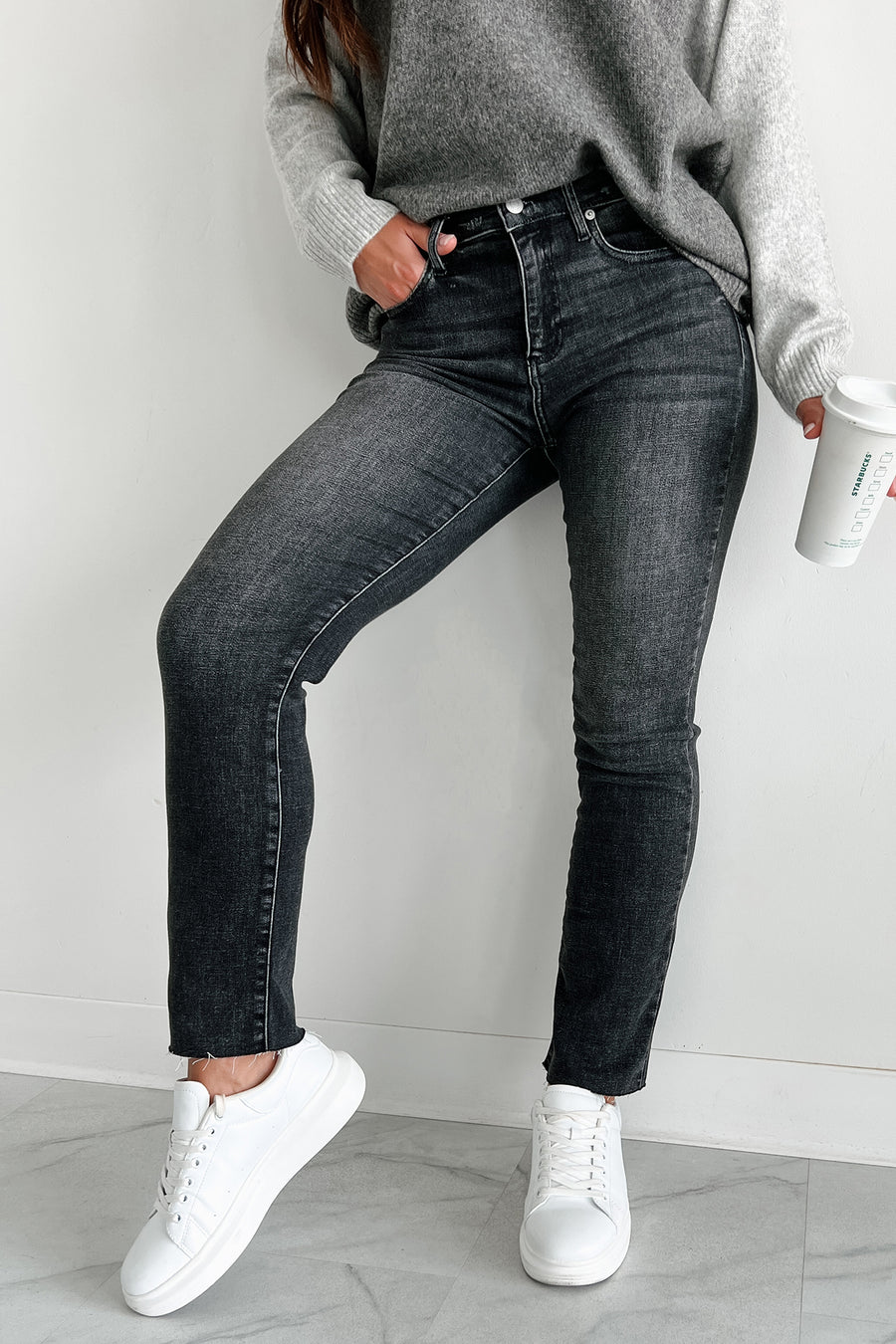 Anneith High Rise Sneak Peek Straight Leg Jeans (Grey)