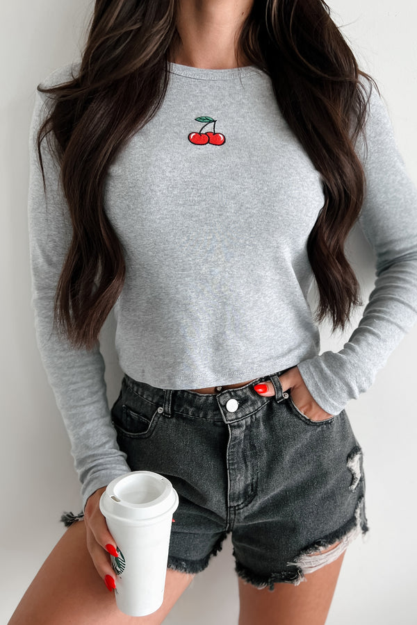 Cherry Picked Embroidered Long Sleeve Top (Heather Grey) - NanaMacs