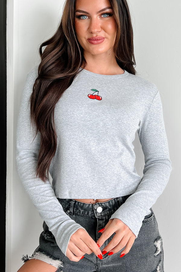 Cherry Picked Embroidered Long Sleeve Top (Heather Grey) - NanaMacs