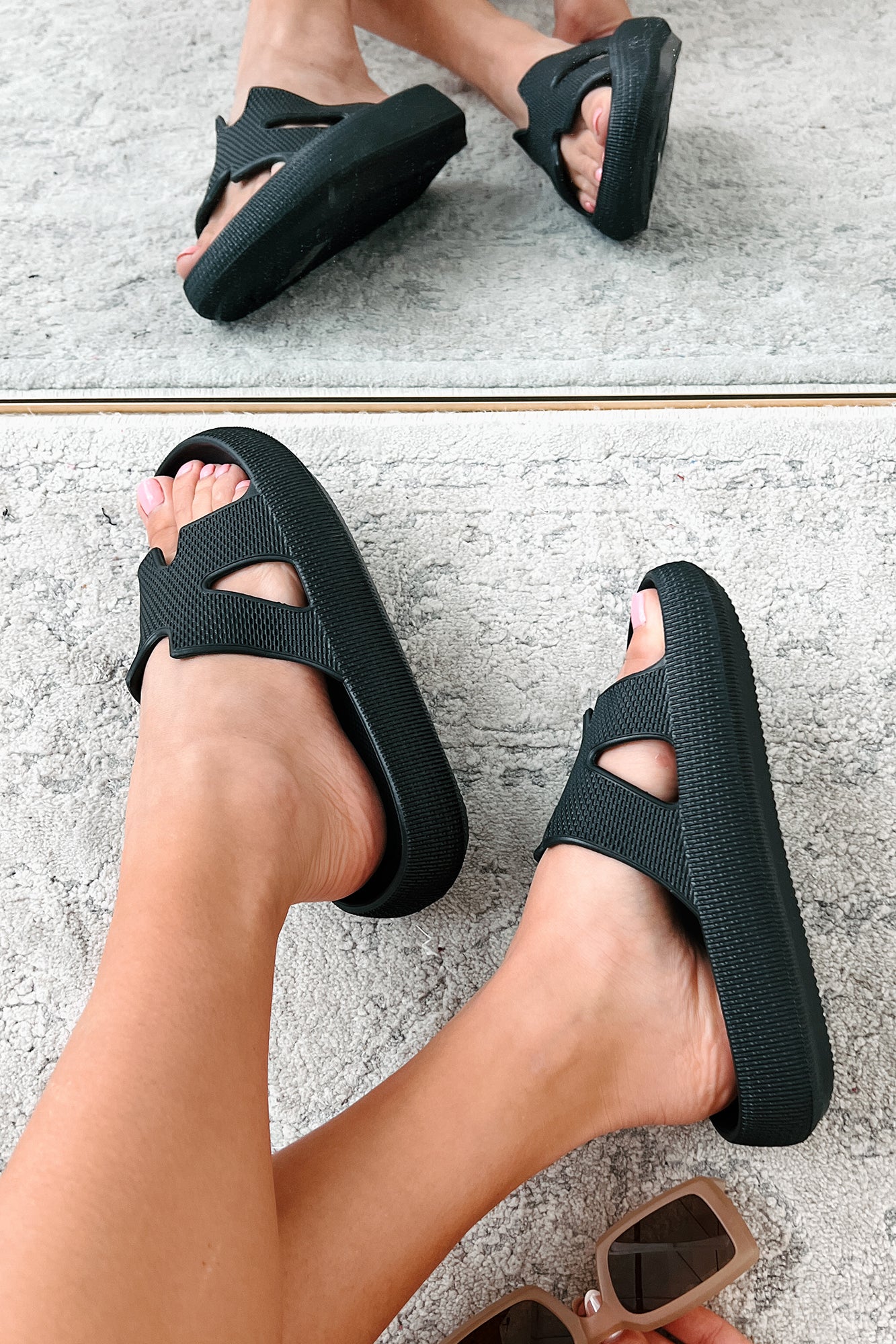 Summer State Of Mind Textured Foam Slide Sandals (Black) - NanaMacs