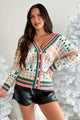 Seasonal Cheer Button Front Holiday Print Cardigan (Multi)