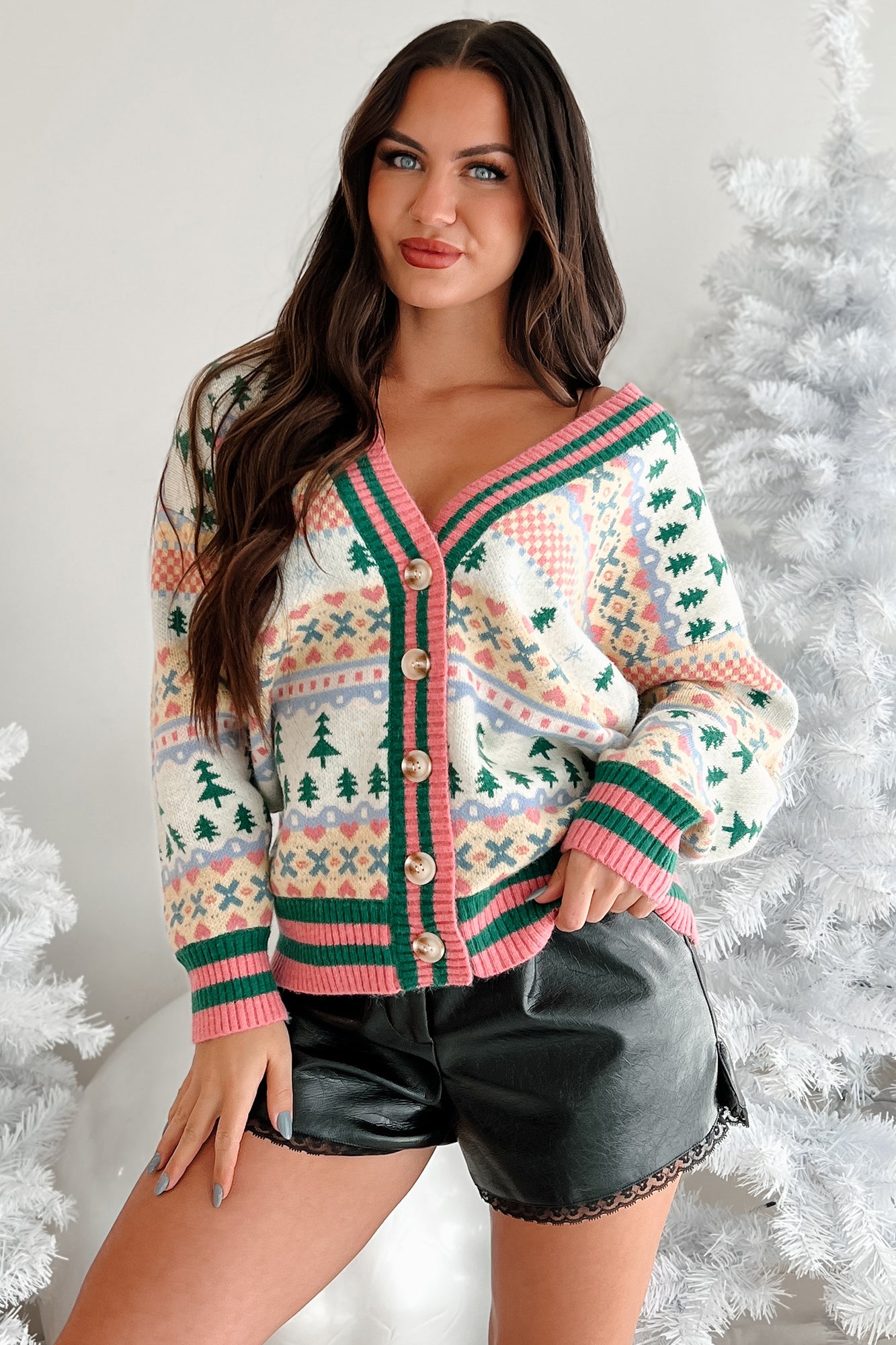 Seasonal Cheer Button Front Holiday Print Cardigan (Multi) - NanaMacs