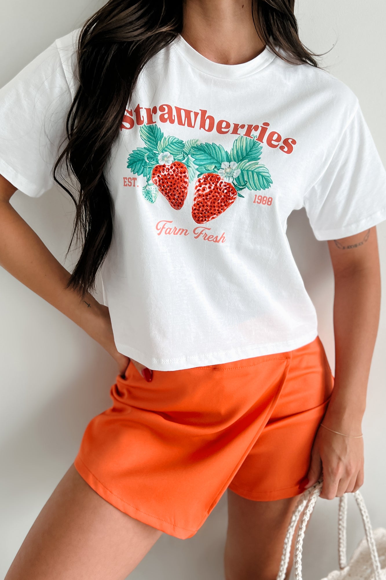 "Farm Fresh Strawberries" Graphic Crop Tee (White) - NanaMacs