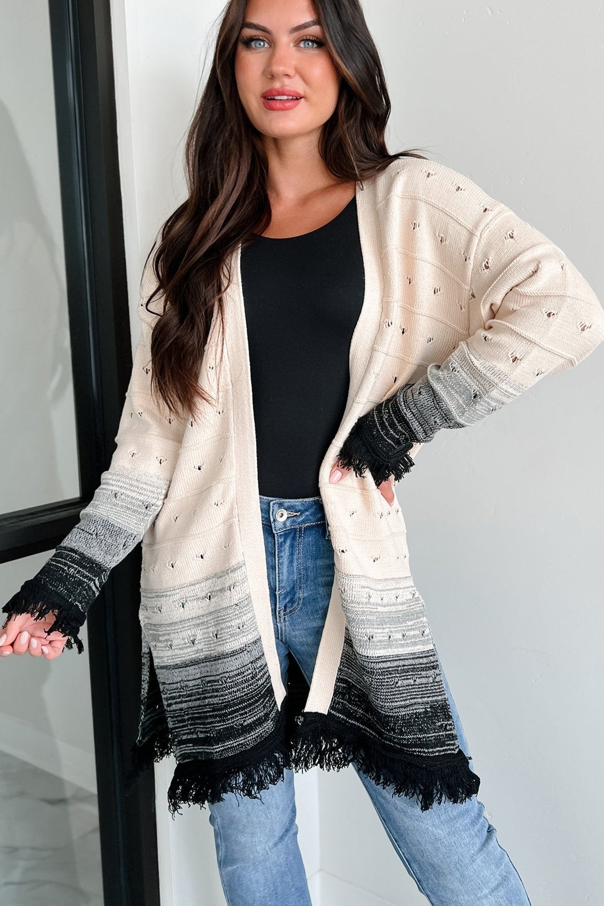 Autumn Weather Ombre Fringe Cardigan (Natural/Black) - NanaMacs