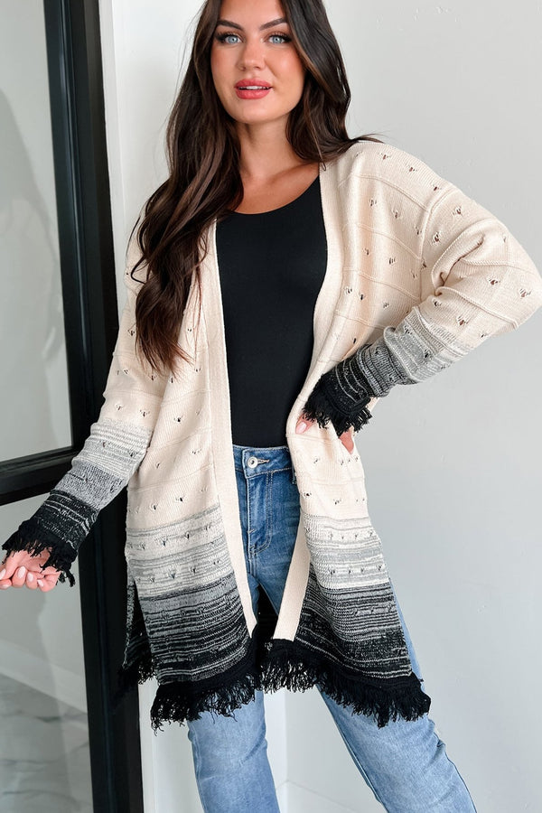 Autumn Weather Ombre Fringe Cardigan (Natural/Black) - NanaMacs