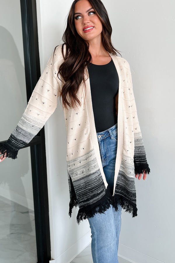 Autumn Weather Ombre Fringe Cardigan (Natural/Black) - NanaMacs