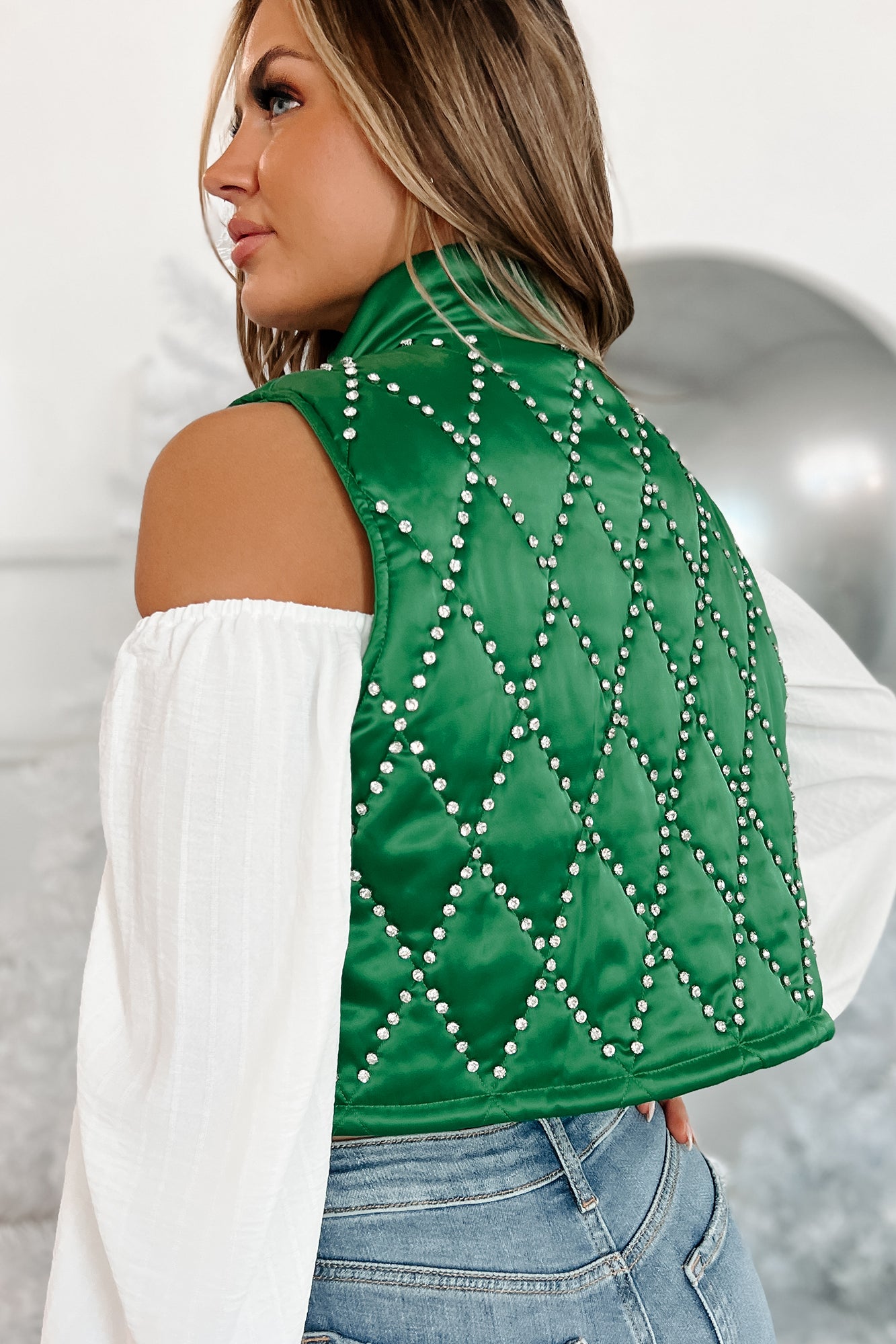 Boujee For The Holidays Rhinestone Crop Puffer Vest (Green) · NanaMacs