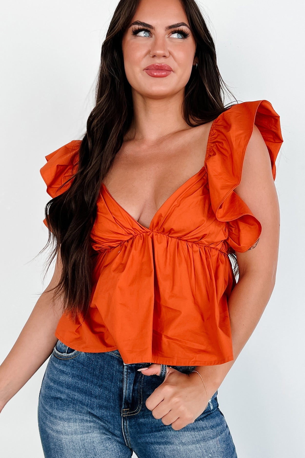 Flirty Nature Ruffle Sleeve Babydoll Top (Burnt Orange) - NanaMacs