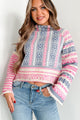 Sweet In Sweden Geometric Crop Sweater (Oatmeal/Hot Pink/Navy) - NanaMacs