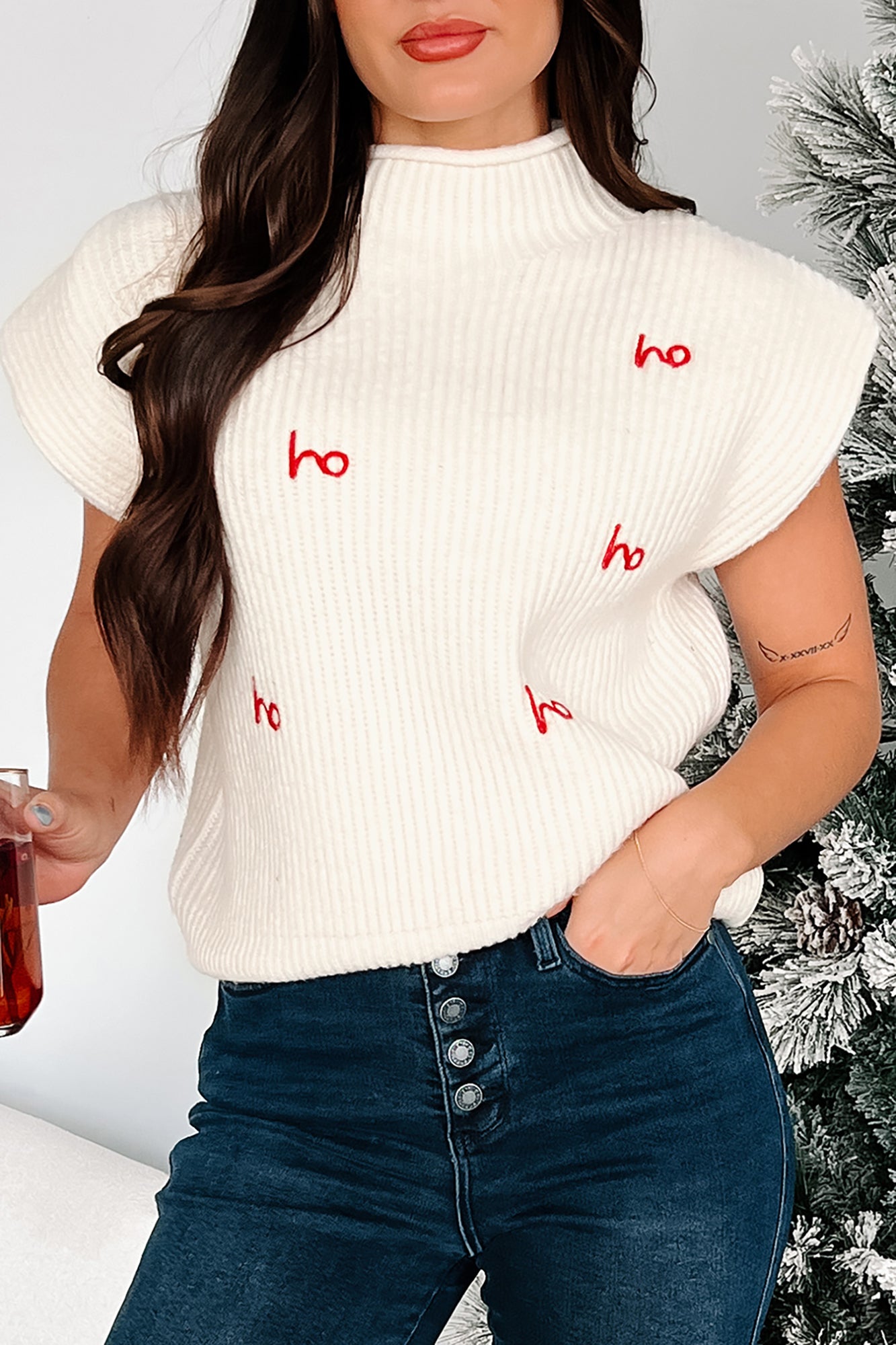 Santa-Plause "Ho Ho Ho" Padded Shoulder Sweater Top (Cream) - NanaMacs