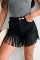 Here For A Good Time High Waist Fringed Shorts (Black Denim)