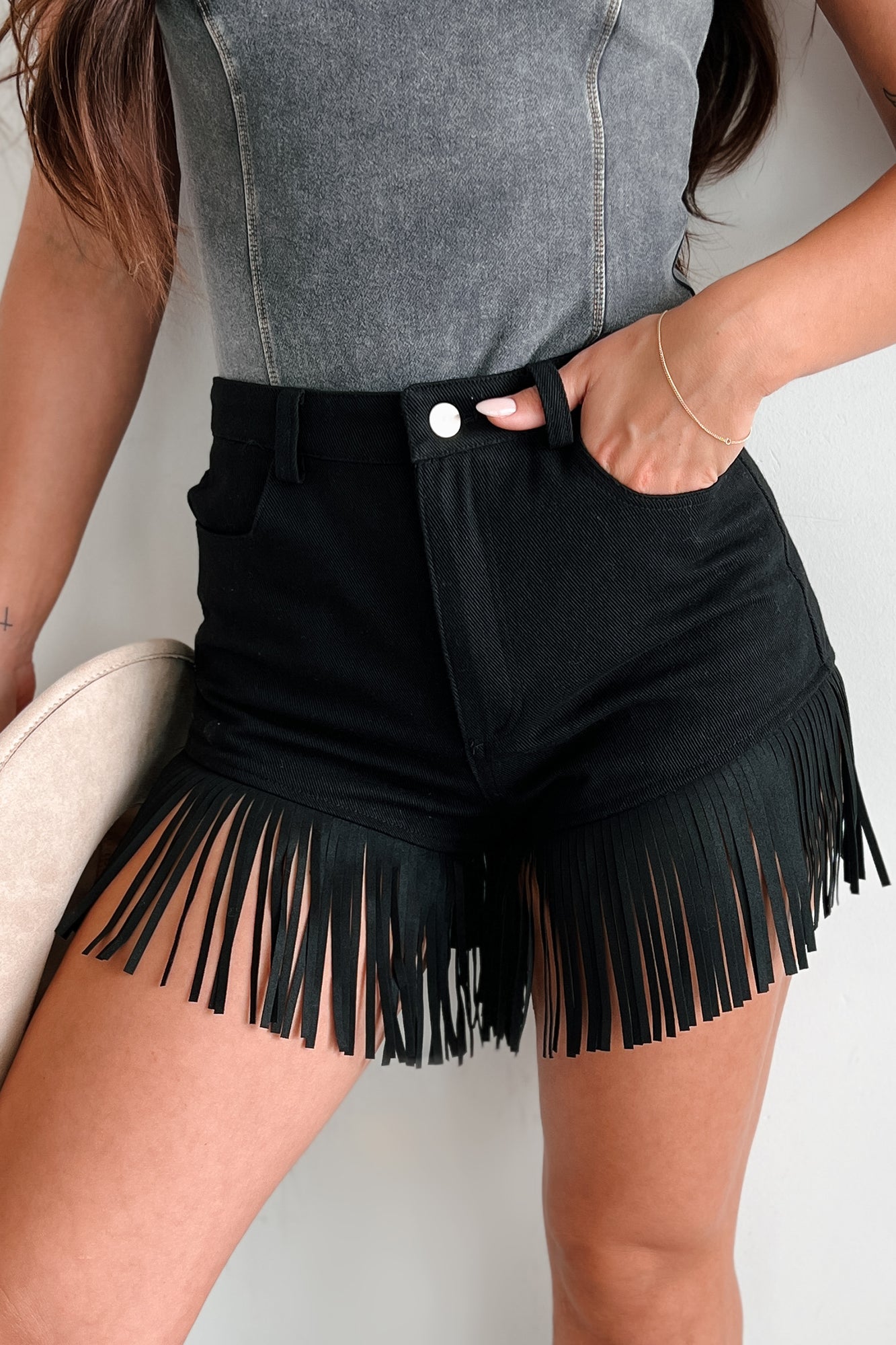 Here For A Good Time High Waist Fringed Shorts (Black Denim) - NanaMacs