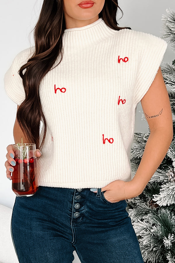 Santa-Plause "Ho Ho Ho" Padded Shoulder Sweater Top (Cream) - NanaMacs