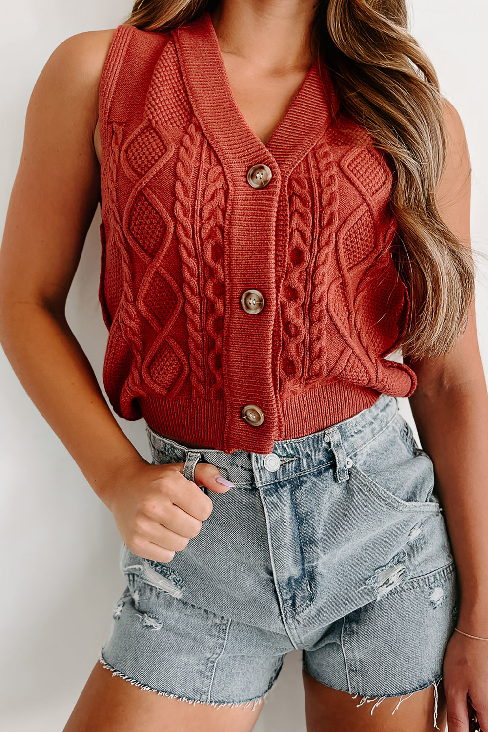 Junie Cable Knit Sweater Vest (Scarlet) - NanaMacs