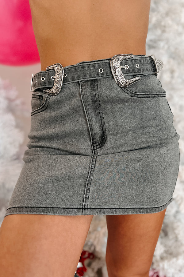 What In Tarnation Belted Denim Mini Skirt (Black) - NanaMacs